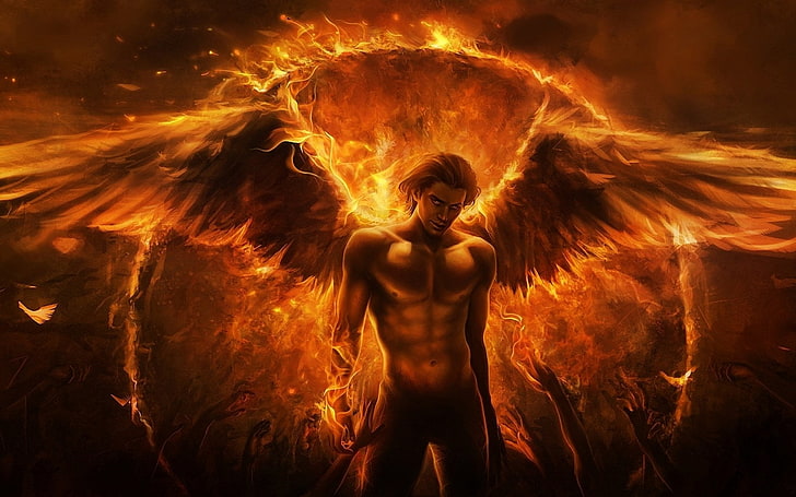 Flaming Angel Wings, sign, fantasy, illustration, motion Free HD Wallpaper