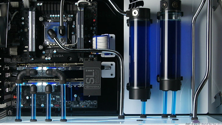 Gaming PC Liquid-Cooling, no people, pcb, network server, technology