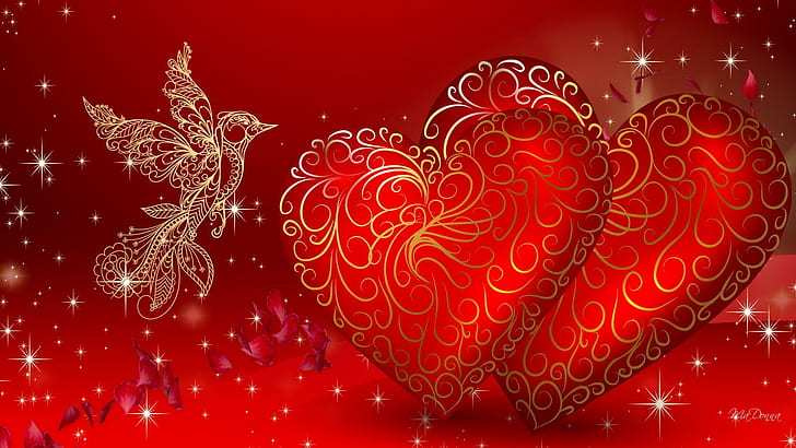 Loving Heart, hummingbird, cupid, gold, touch Free HD Wallpaper