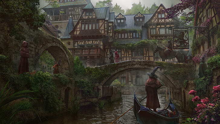 Medieval Art, magic, old building, wizard, old bridge Free HD Wallpaper