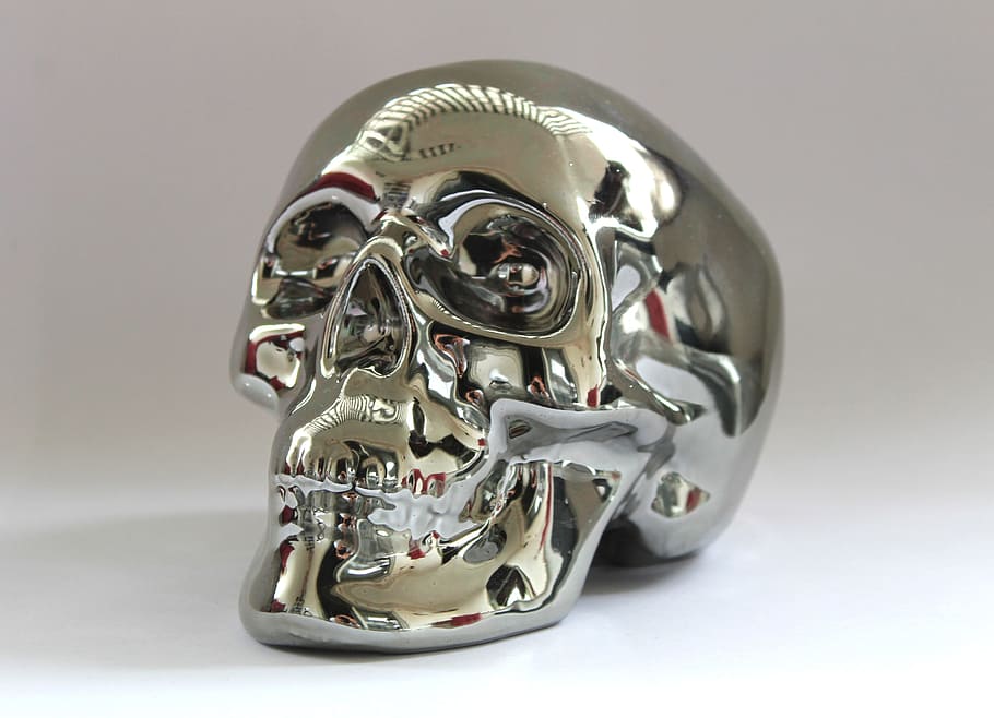 Metal Skull Beads, figure, metallic, indoors, sparkle