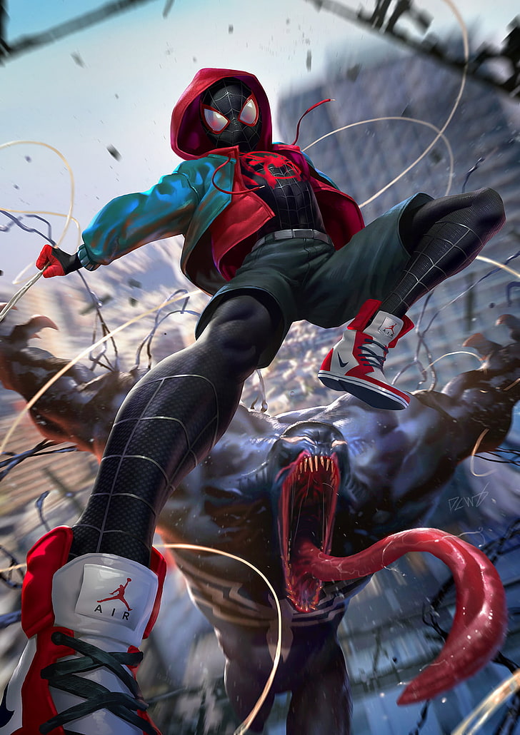 Miles Morales Symbiote, holding, adult, outdoors, venom