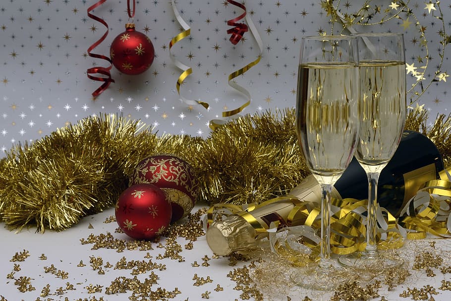New Year's Eve Birthday Party, happy new year, bottle, closeup, christmas tree Free HD Wallpaper