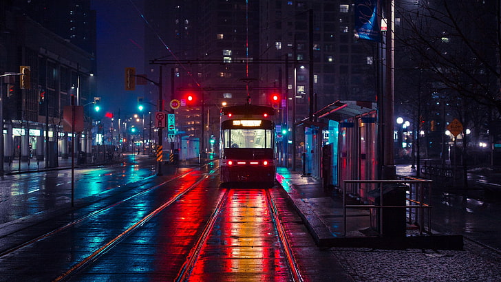 New York City at Night, reflection, city, tram, wet