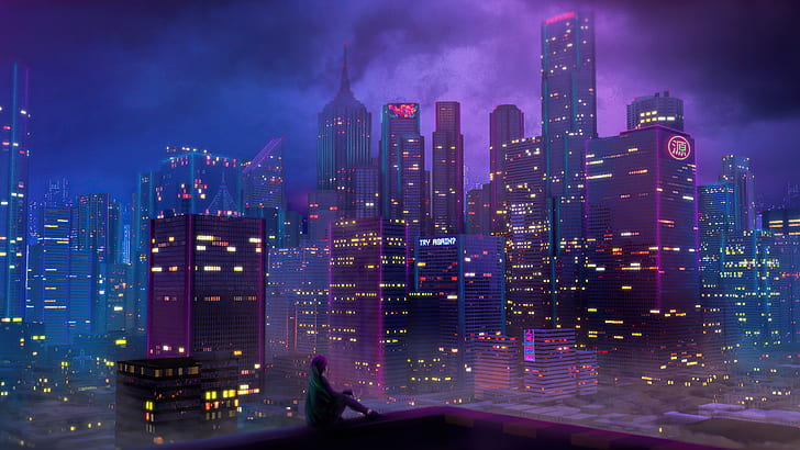 Preppy Anime Aesthetic, night, city lights, loneliness, lights