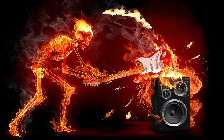 Rock Guitar On Fire, guitar, music, skelet, smashing Free HD Wallpaper