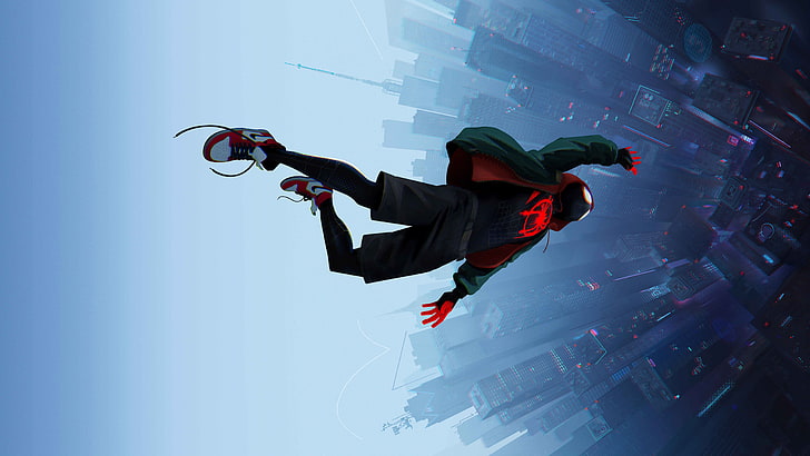 Spider-Man into Spider Verse 2, architecture, full length, jumping, low angle view Free HD Wallpaper