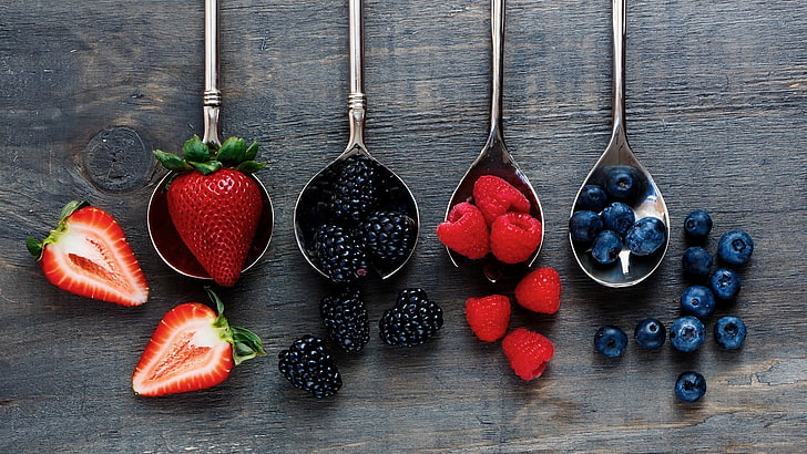 Strawberry Blueberry Salad, table, still life, blueberry, raspberries