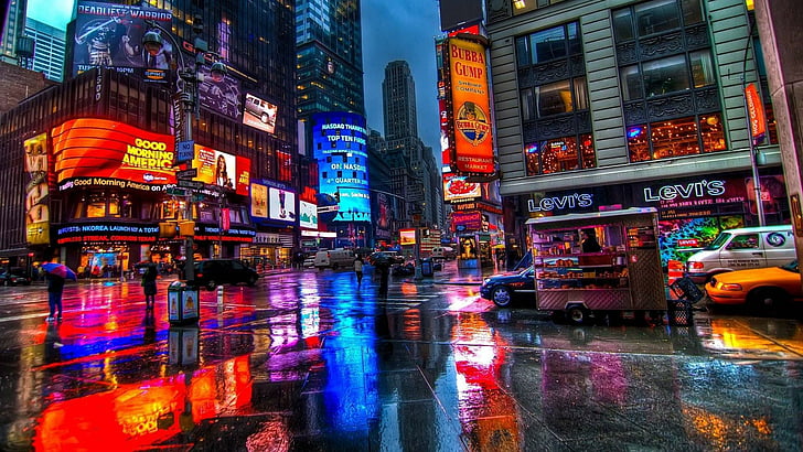 Time Square Manhattan NYC, rain, lights, metropolis, urban area Free HD Wallpaper