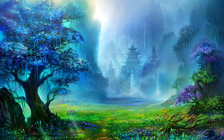 Anime Landscape, outdoors, waterfall, fantasy, mystery Free HD Wallpaper