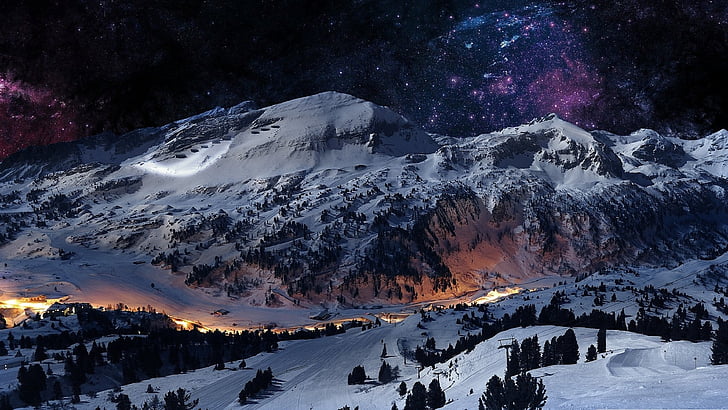 Beautiful Snowy Mountains, landscape, night, night sky, darkness Free HD Wallpaper