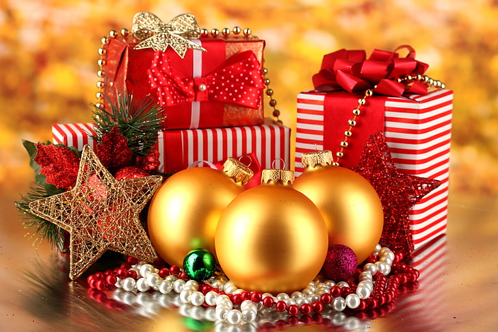 box, celebration, ribbon, golden balls Free HD Wallpaper