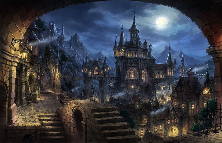 Dark Medieval Castles, dusk, built structure, tower, light  natural phenomenon Free HD Wallpaper