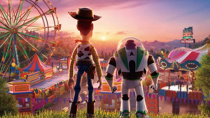 Disney Pixar Buzz Lightyear, sunset, toy, woody toy story, carnival Free HD Wallpaper