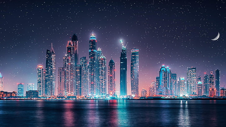 Dubai Night View, built structure, landscape, starry sky, skyscraper