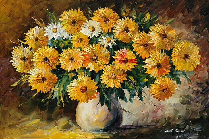 Floral Oil Paintings, chrysanthemum, flowering plant, orange color, multi colored