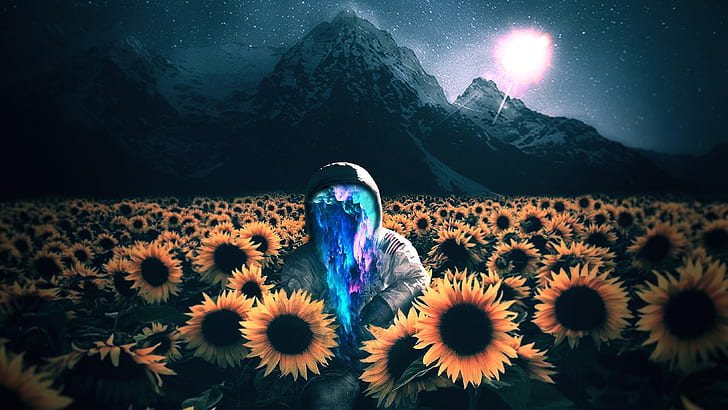 Galaxy Astronaut Trippy, astronaut, sunflowers Free HD Wallpaper