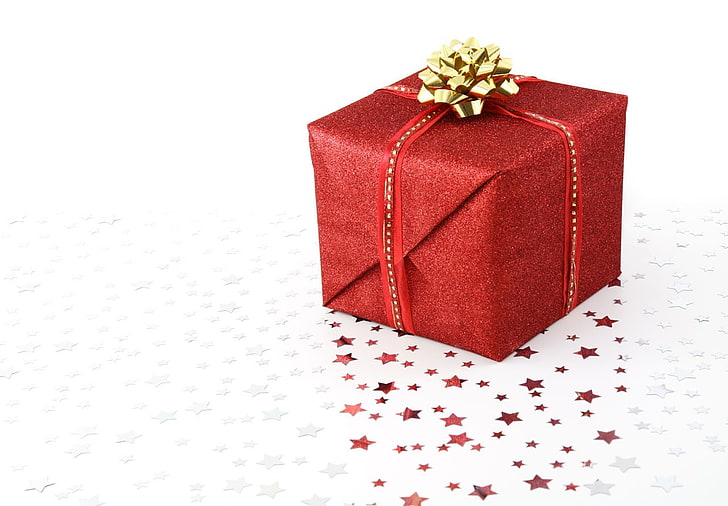 Gold Christmas Presents, box, white background, surprise, no people Free HD Wallpaper