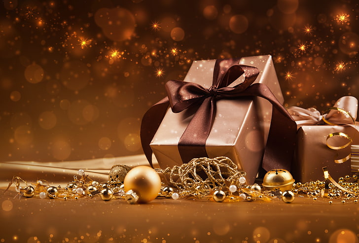 golden christmas, holiday, no people, box  container Free HD Wallpaper