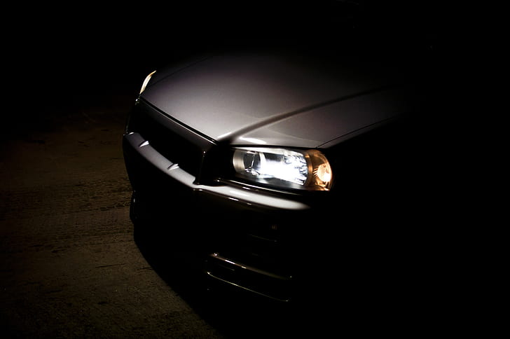 japanese cars, grey cars, dark background, nissan skyline gtr