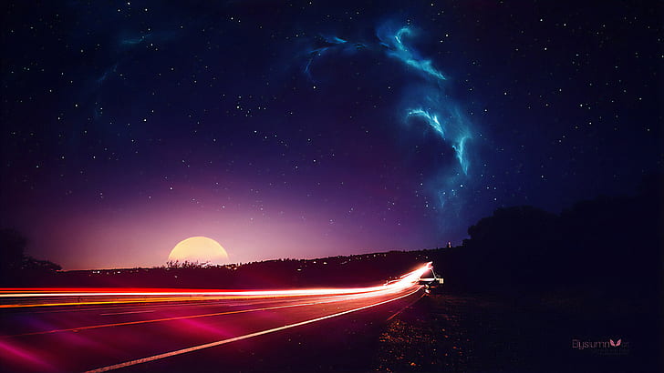 Landscape at Night, dark, photography, photomontage, dreamscape Free HD Wallpaper