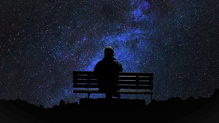 Man Walking Alone at Night, men, bench, alone, starry sky Free HD Wallpaper