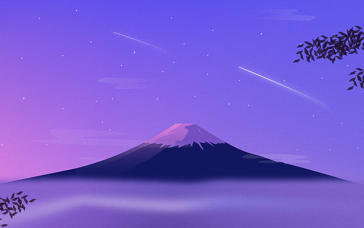 Minimalism Japan, mist, starry night, leaves, snowy peak Free HD Wallpaper