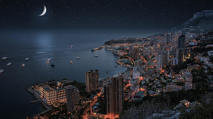 Monte Carlo Casino Monaco, night time, night, coast, moon Free HD Wallpaper