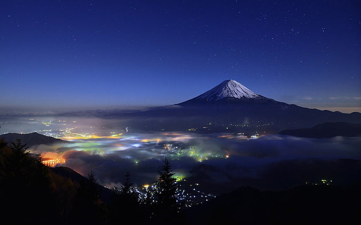 Monte Fuji, lights, blue, mountain peak, trees Free HD Wallpaper