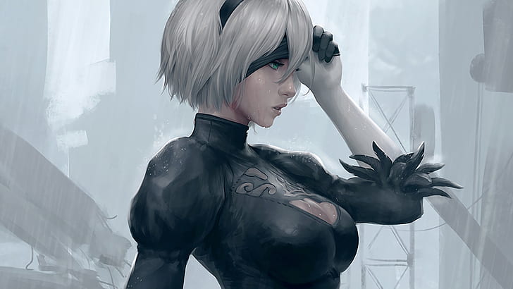 Nier Automata 2B Doll, nier, nier automata, rain, women Free HD Wallpaper