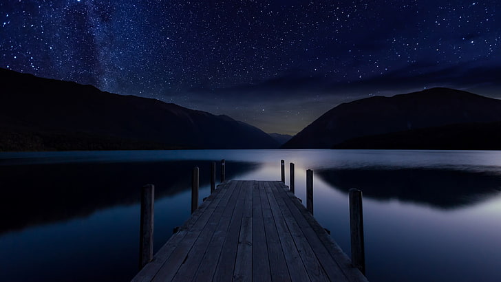 Night Sky and Water, mountains, starry night, star field, space Free HD Wallpaper