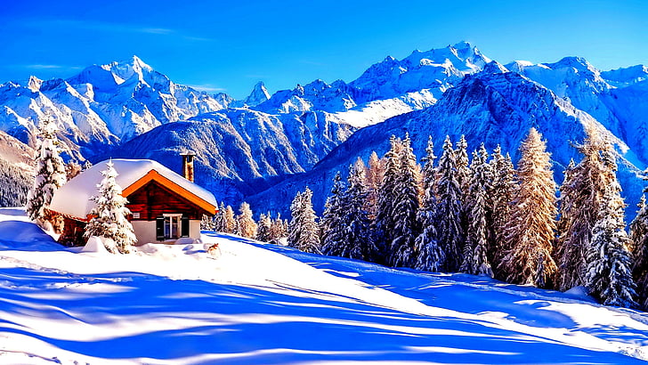 Old Log Cabin in Winter Night, freezing, snowy, hill station, fir Free HD Wallpaper