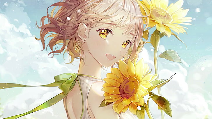 Pretty Anime Girl Cute, cute, blonde hair, sunflower, anime girl Free HD Wallpaper