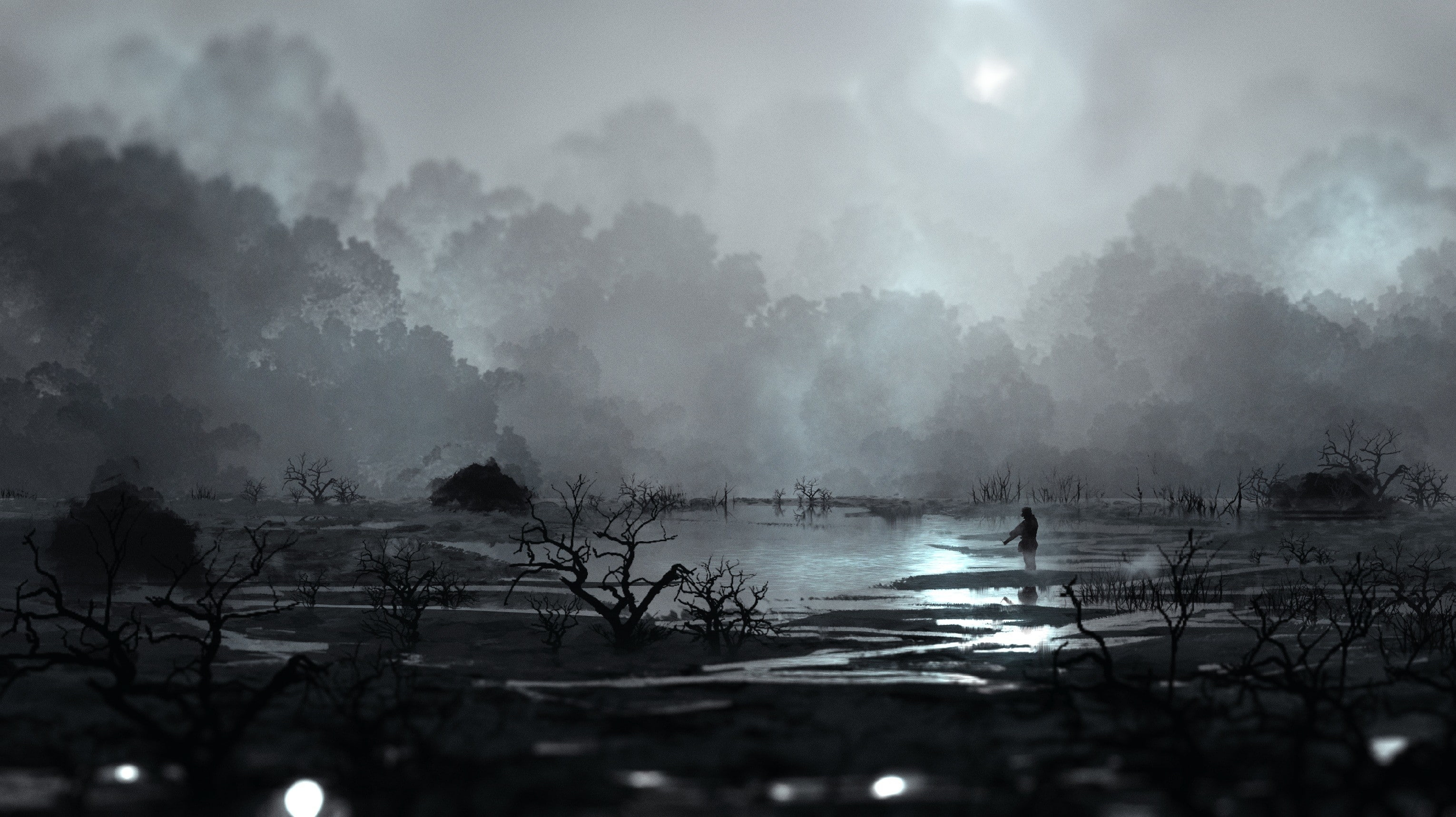 Rainy Swamp, artwork, dark, landscape, swamp