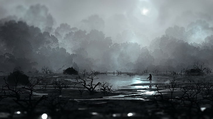 Rainy Swamp, artwork, dark, landscape, swamp Free HD Wallpaper