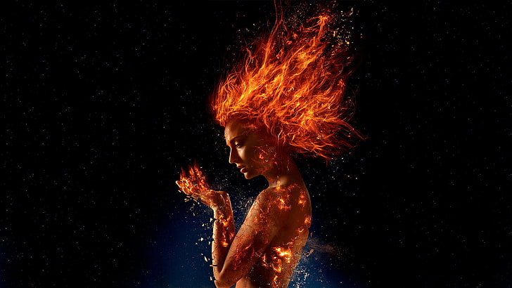 Sophie Turner Phoenix, young adult, glowing, orange color, jean grey