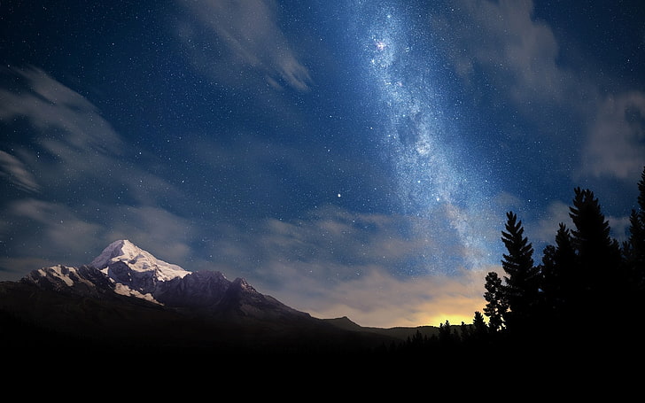 Starry Night Landscape, blue, science, light  natural phenomenon, mountain range