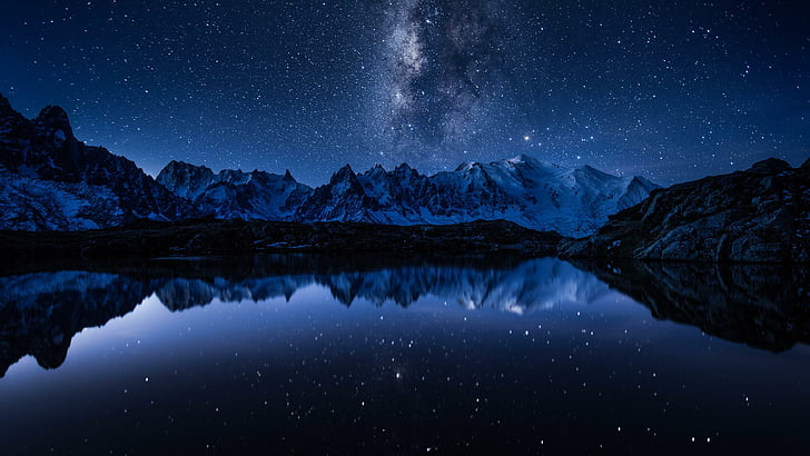 Starry Night, milky way, mountain range, reflected, night sky Free HD Wallpaper