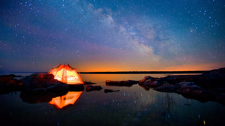 Starry Night Sky Milky Way, star  space, water, beauty in nature, rock Free HD Wallpaper