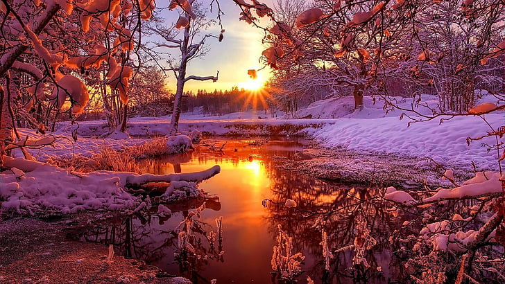 Sunrise Sunset, sunset, snow, sunray, nature