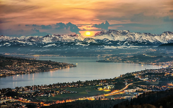 Swiss Zurich, orange color, tranquility, mountain peak, town