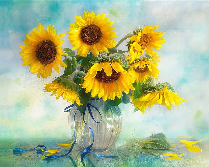 Vase with 15 Sunflowers, man made, vase, flower, still life Free HD Wallpaper