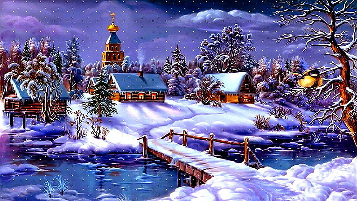 Winter Wonderland Christmas Village, painting, nature, village, snow Free HD Wallpaper