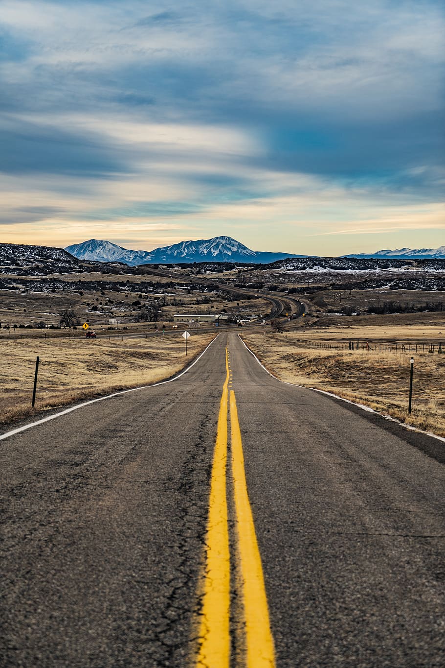 Asphalt Pavement, double yellow line, colorado, building, the way forward