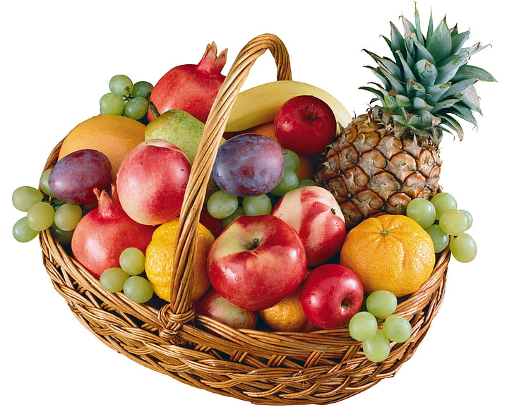 Basket with Fruits, pineapple, apple, banana, indoors Free HD Wallpaper