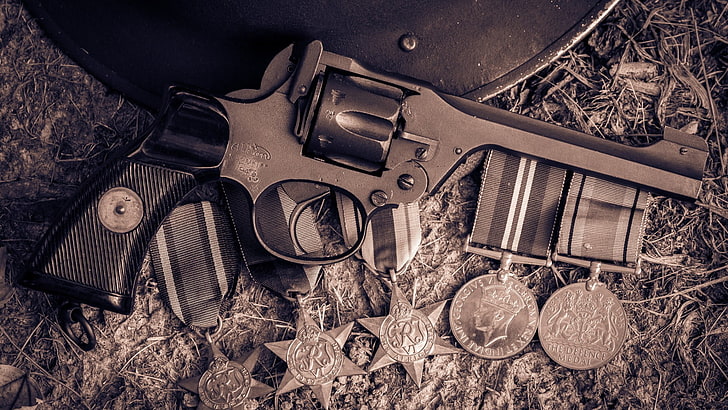 Blue Gun, webley revolver, directly above, crime, old Free HD Wallpaper