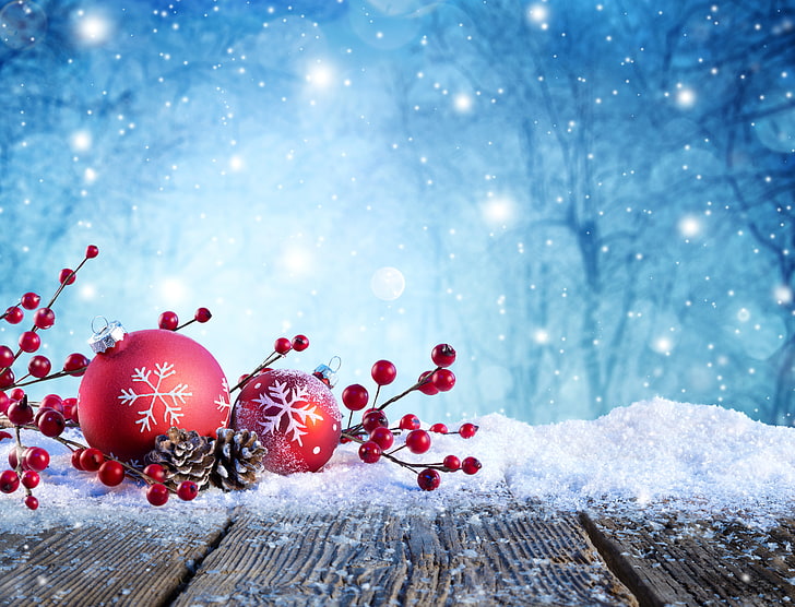 Christmas, snowing, shiny, celebration, focus on foreground Free HD Wallpaper