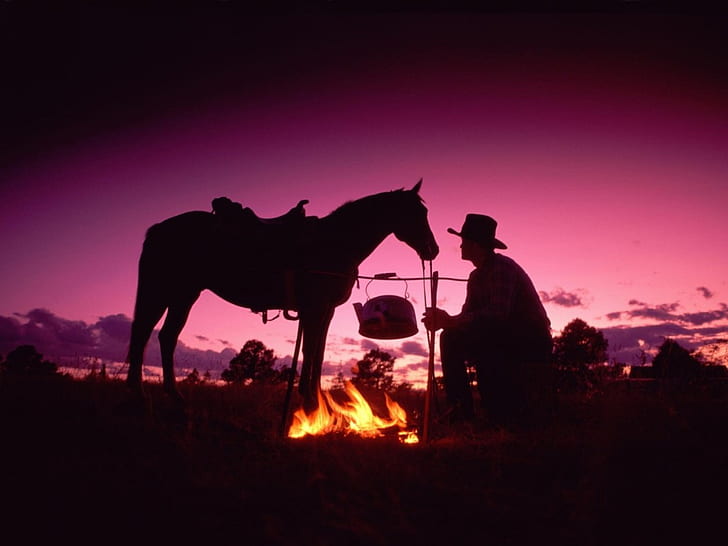 Cowboy Campfire Clip Art, pink sky, horse, abstract, silhouette Free HD Wallpaper