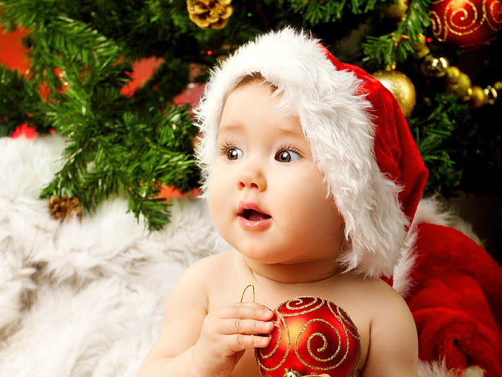 Cute Babies with Flowers, small suit of santa claus, human face, headshot, front view