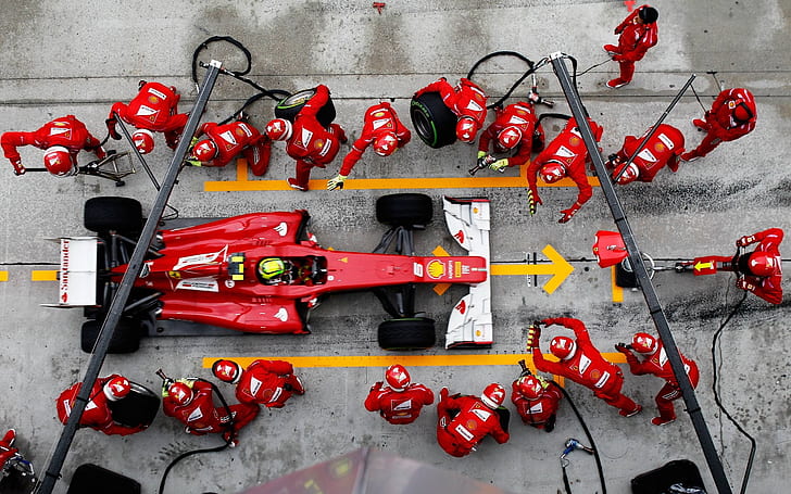 Ferrari Formula 1 Team, Ferrari, pit stop, formula 1, ferrari Free HD Wallpaper